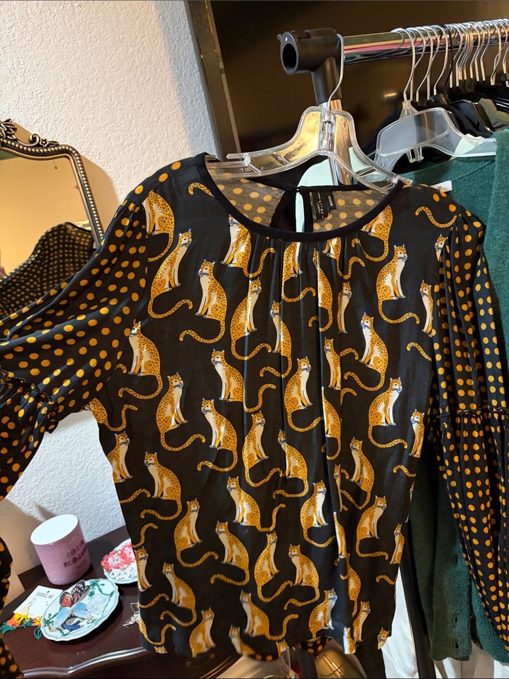 Anthro Black & Mustard Cheetah Print Long Sleeve Blouse - Women